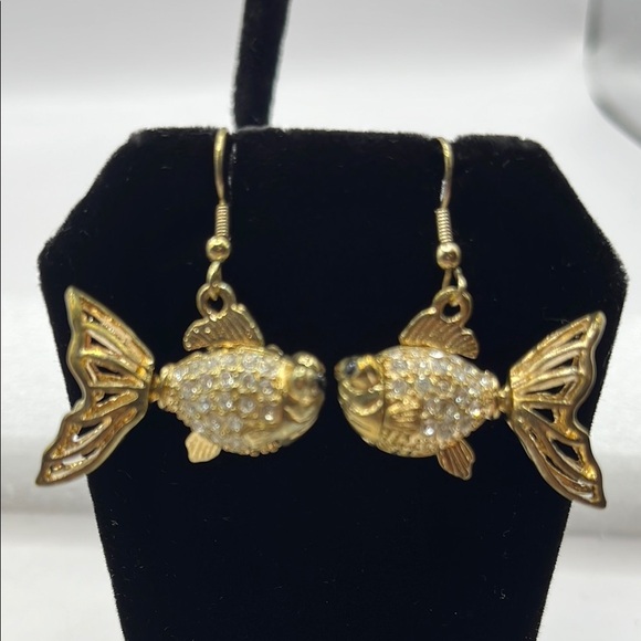 Gold Tone Crystal Fish Earrings with Whimsical Design 3 D Hook Earrings - Picture 5 of 10
